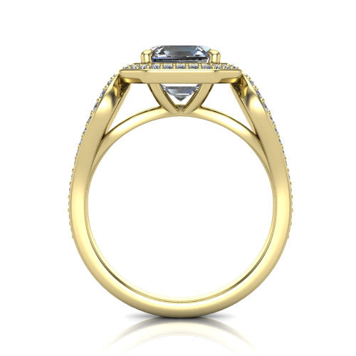 Miriam asscher halo engagement ring in 14K Yellow Gold with squared pavé halo and open-loop split shank, through-finger front profile showing the open-loop split shank