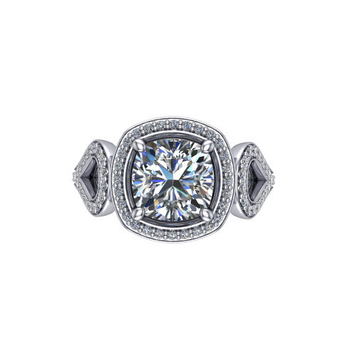 Miriam cushion halo engagement ring in 18K White Gold with squared pavé halo and open-loop split shank, top-down view of the squared halo and side accents