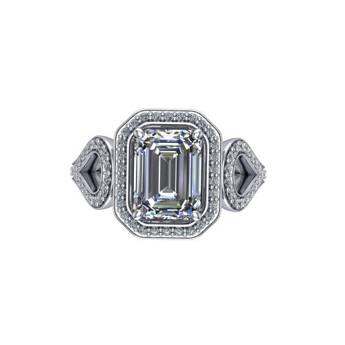 Miriam emerald halo engagement ring in 18K White Gold with squared pavé halo and open-loop split shank, top-down view of the squared halo and side accents