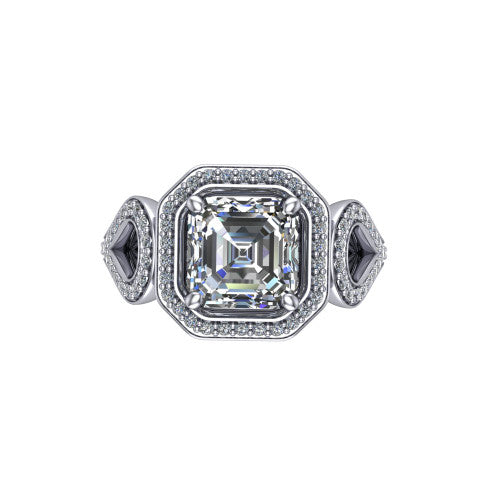 Miriam asscher halo engagement ring in 18K White Gold with squared pavé halo and open-loop split shank, top-down view of the squared halo and side accents