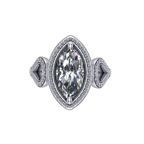 Miriam marquise halo engagement ring in 18K White Gold with squared pavé halo and open-loop split shank, top-down view of the squared halo and side accents