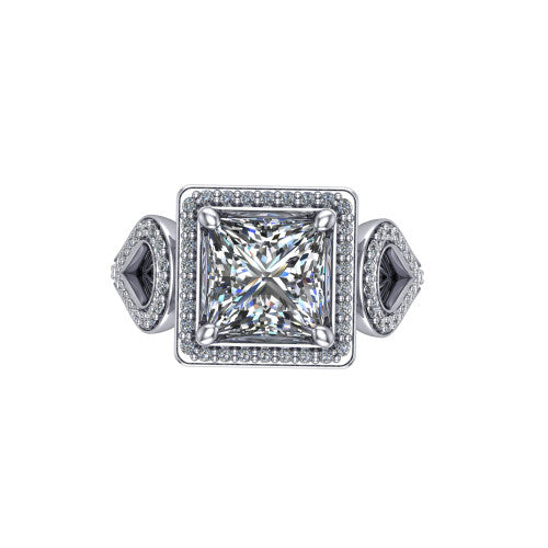 Miriam princess halo engagement ring in 18K White Gold with squared pavé halo and open-loop split shank, top-down view of the squared halo and side accents