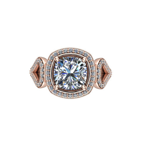 Miriam cushion halo engagement ring in 18K Rose Gold with squared pavé halo and open-loop split shank, top-down view of the squared halo and side accents
