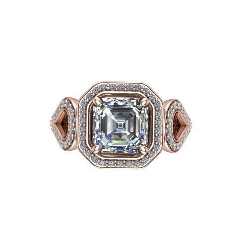 Miriam asscher halo engagement ring in 14K Rose Gold with squared pavé halo and open-loop split shank, top-down view of the squared halo and side accents