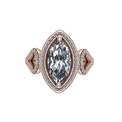 Miriam marquise halo engagement ring in 18K Rose Gold with squared pavé halo and open-loop split shank, top-down view of the squared halo and side accents