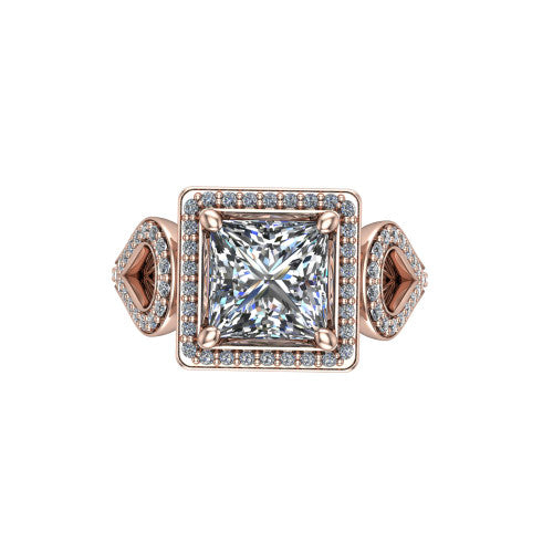 Miriam princess halo engagement ring in 18K Rose Gold with squared pavé halo and open-loop split shank, top-down view of the squared halo and side accents