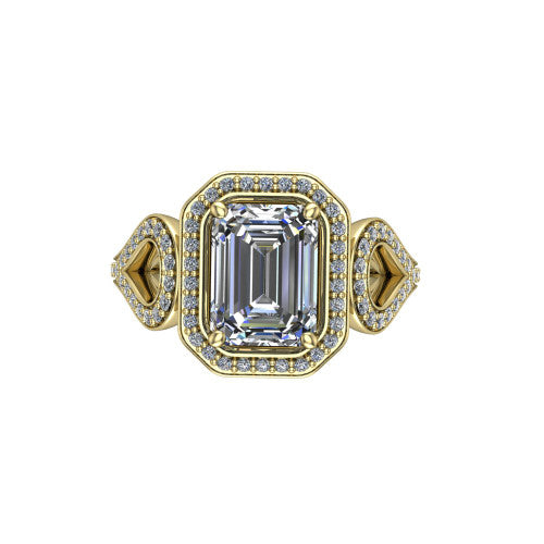 Miriam emerald halo engagement ring in 18K Yellow Gold with squared pavé halo and open-loop split shank, top-down view of the squared halo and side accents