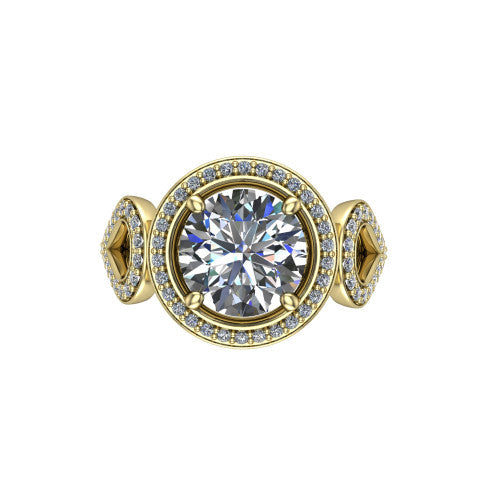 Miriam round halo engagement ring in 18K Yellow Gold with squared pavé halo and open-loop split shank, top-down view of the squared halo and side accents