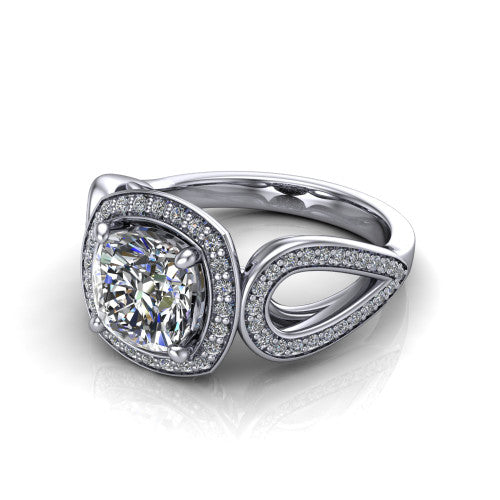 Leighton cushion halo engagement ring in 14K White Gold with squared pavé halo and open-loop split shank, three-quarter perspective view