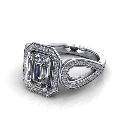 Leighton emerald halo engagement ring in 18K White Gold with squared pavé halo and open-loop split shank, three-quarter perspective view