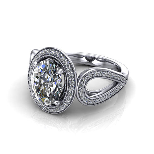 Leighton oval halo engagement ring in Platinum with squared pavé halo and open-loop split shank, three-quarter perspective view