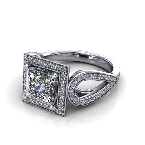 Leighton princess halo engagement ring in 14K White Gold with squared pavé halo and open-loop split shank, three-quarter perspective view