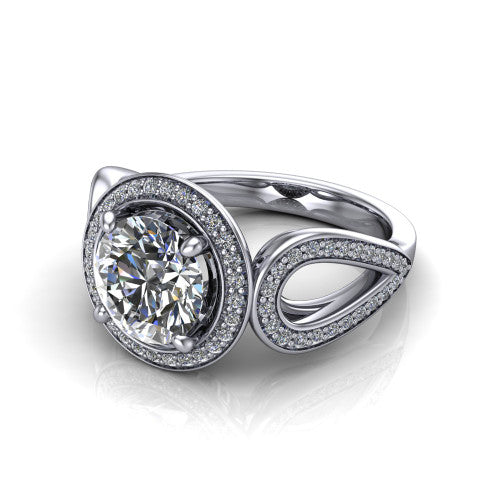 Leighton round halo engagement ring in 18K White Gold with squared pavé halo and open-loop split shank, three-quarter perspective view