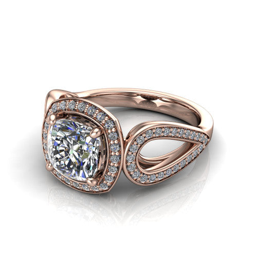 Leighton cushion halo engagement ring in 14K Rose Gold with squared pavé halo and open-loop split shank, three-quarter perspective view