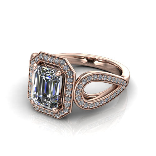 Leighton emerald halo engagement ring in 18K Rose Gold with squared pavé halo and open-loop split shank, three-quarter perspective view