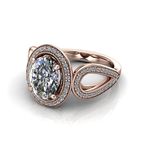 Leighton oval halo engagement ring in 18K Rose Gold with squared pavé halo and open-loop split shank, three-quarter perspective view