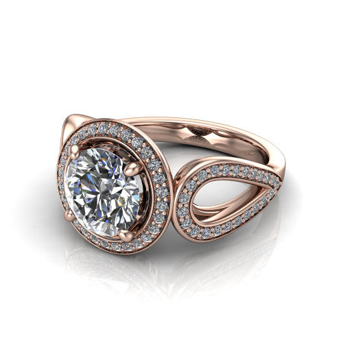 Leighton round halo engagement ring in 14K Rose Gold with squared pavé halo and open-loop split shank, three-quarter perspective view