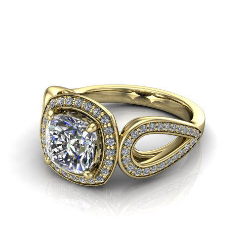 Leighton cushion halo engagement ring in 14K Yellow Gold with squared pavé halo and open-loop split shank, three-quarter perspective view