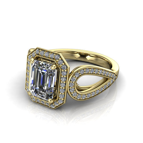 Leighton emerald halo engagement ring in 14K Yellow Gold with squared pavé halo and open-loop split shank, three-quarter perspective view