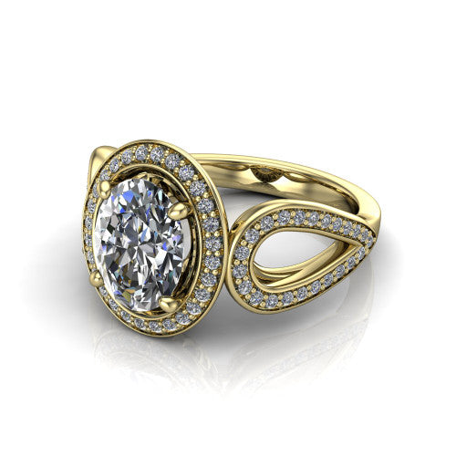 Leighton oval halo engagement ring in 18K Yellow Gold with squared pavé halo and open-loop split shank, three-quarter perspective view