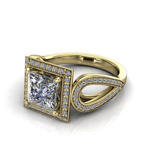 Leighton princess halo engagement ring in 14K Yellow Gold with squared pavé halo and open-loop split shank, three-quarter perspective view
