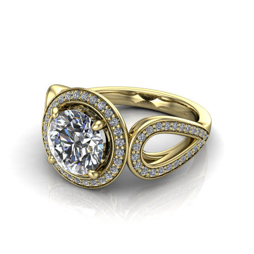Leighton round halo engagement ring in 18K Yellow Gold with squared pavé halo and open-loop split shank, three-quarter perspective view