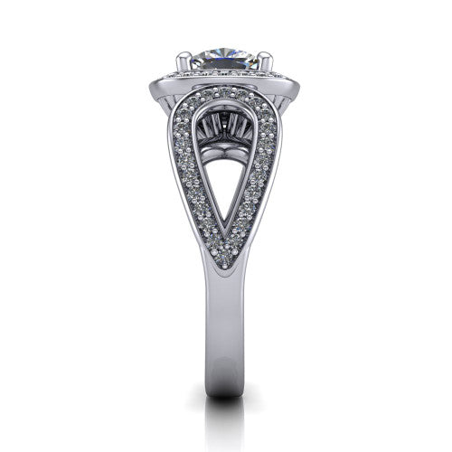 Leighton cushion halo engagement ring in Platinum with squared pavé halo and open-loop split shank, side profile showing the pavé loop split shank and gallery