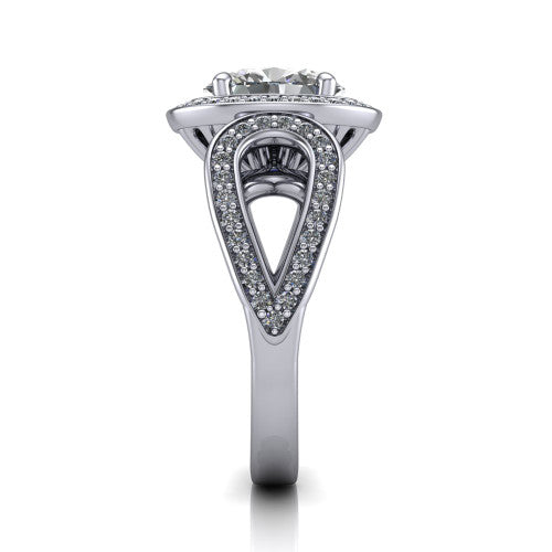 Leighton oval halo engagement ring in 14K White Gold with squared pavé halo and open-loop split shank, side profile showing the pavé loop split shank and gallery