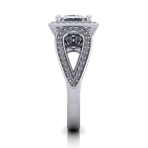Leighton princess halo engagement ring in 14K White Gold with squared pavé halo and open-loop split shank, side profile showing the pavé loop split shank and gallery