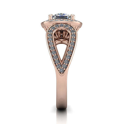 Leighton cushion halo engagement ring in 14K Rose Gold with squared pavé halo and open-loop split shank, side profile showing the pavé loop split shank and gallery