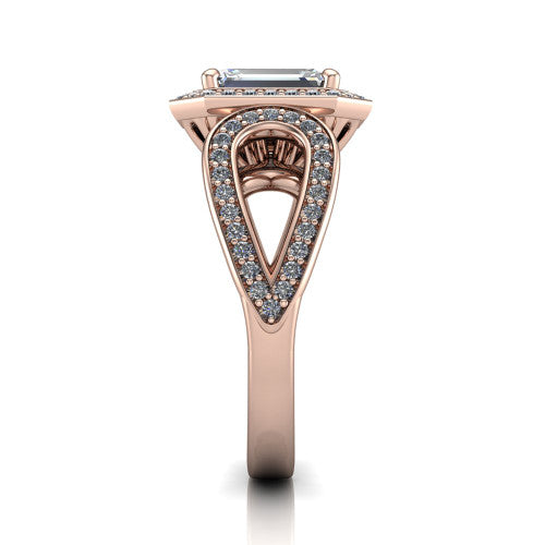 Leighton emerald halo engagement ring in 18K Rose Gold with squared pavé halo and open-loop split shank, side profile showing the pavé loop split shank and gallery