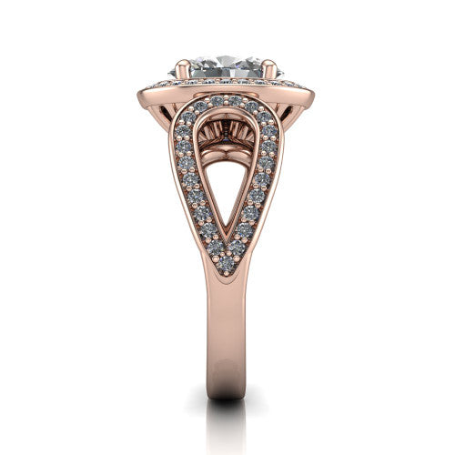 Leighton oval halo engagement ring in 18K Rose Gold with squared pavé halo and open-loop split shank, side profile showing the pavé loop split shank and gallery