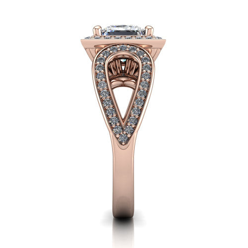 Leighton princess halo engagement ring in 18K Rose Gold with squared pavé halo and open-loop split shank, side profile showing the pavé loop split shank and gallery