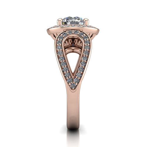 Leighton round halo engagement ring in 18K Rose Gold with squared pavé halo and open-loop split shank, side profile showing the pavé loop split shank and gallery