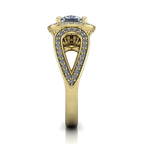 Leighton cushion halo engagement ring in 14K Yellow Gold with squared pavé halo and open-loop split shank, side profile showing the pavé loop split shank and gallery
