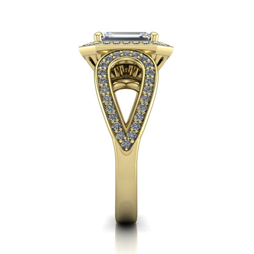 Leighton emerald halo engagement ring in 14K Yellow Gold with squared pavé halo and open-loop split shank, side profile showing the pavé loop split shank and gallery