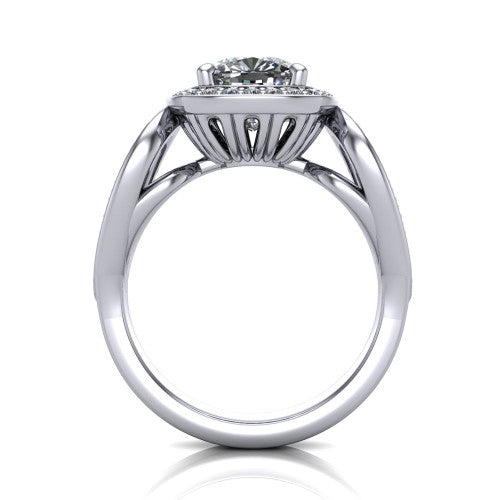 Leighton cushion halo engagement ring in Platinum with squared pavé halo and open-loop split shank, through-finger front profile showing the open-loop split shank