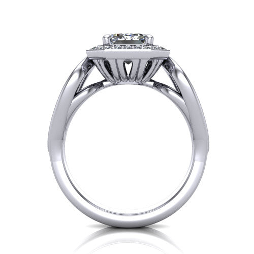 Leighton emerald halo engagement ring in 18K White Gold with squared pavé halo and open-loop split shank, through-finger front profile showing the open-loop split shank