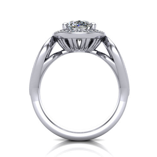 Leighton oval halo engagement ring in 14K White Gold with squared pavé halo and open-loop split shank, through-finger front profile showing the open-loop split shank