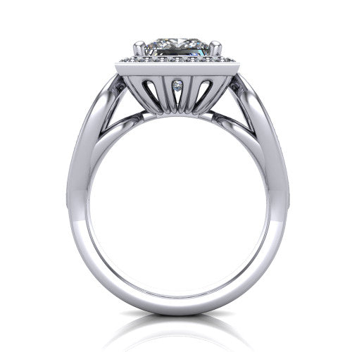 Leighton princess halo engagement ring in 14K White Gold with squared pavé halo and open-loop split shank, through-finger front profile showing the open-loop split shank