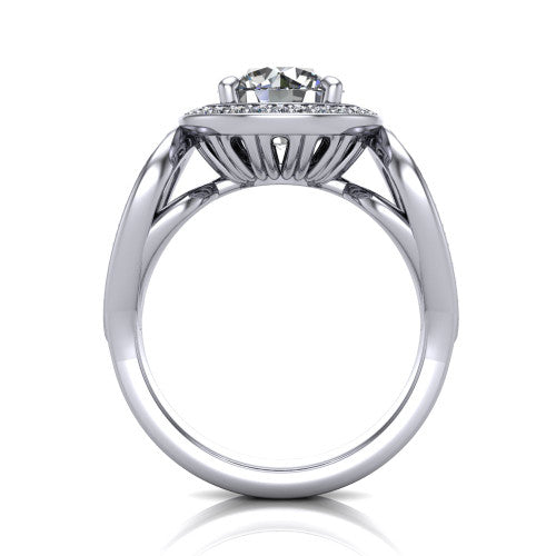 Leighton round halo engagement ring in 18K White Gold with squared pavé halo and open-loop split shank, through-finger front profile showing the open-loop split shank