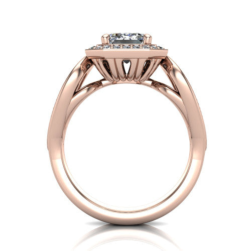 Leighton emerald halo engagement ring in 14K Rose Gold with squared pavé halo and open-loop split shank, through-finger front profile showing the open-loop split shank
