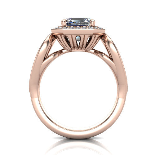 Leighton asscher halo engagement ring in 18K Rose Gold with squared pavé halo and open-loop split shank, through-finger front profile showing the open-loop split shank