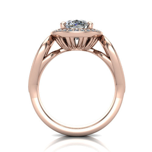 Leighton oval halo engagement ring in 14K Rose Gold with squared pavé halo and open-loop split shank, through-finger front profile showing the open-loop split shank