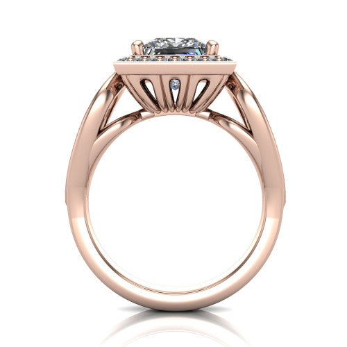Leighton princess halo engagement ring in 14K Rose Gold with squared pavé halo and open-loop split shank, through-finger front profile showing the open-loop split shank