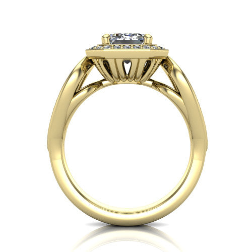Leighton emerald halo engagement ring in 18K Yellow Gold with squared pavé halo and open-loop split shank, through-finger front profile showing the open-loop split shank