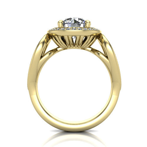 Leighton round halo engagement ring in 14K Yellow Gold with squared pavé halo and open-loop split shank, through-finger front profile showing the open-loop split shank