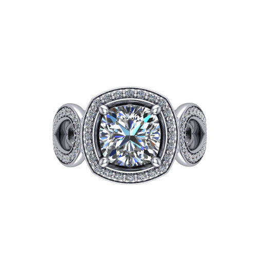 Leighton cushion halo engagement ring in Platinum with squared pavé halo and open-loop split shank, top-down view of the squared halo and bezel side accents