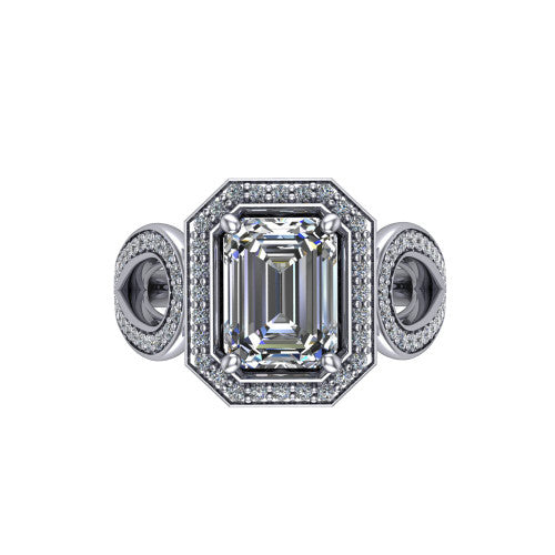 Leighton emerald halo engagement ring in 18K White Gold with squared pavé halo and open-loop split shank, top-down view of the squared halo and bezel side accents