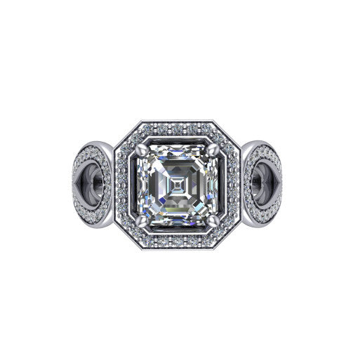 Leighton asscher halo engagement ring in Platinum with squared pavé halo and open-loop split shank, top-down view of the squared halo and bezel side accents